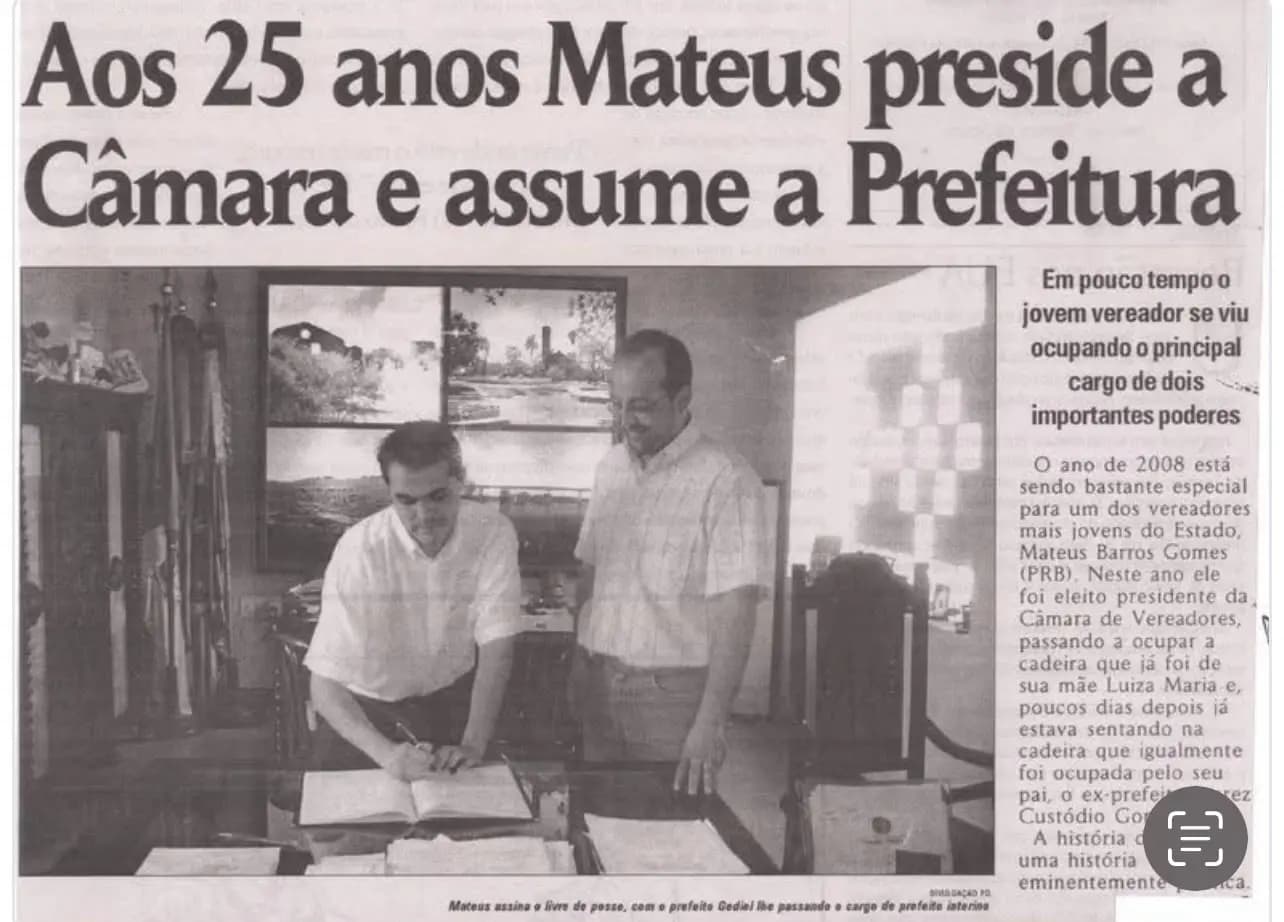Recorte histórico sobre Mateus Gomes na Câmara e na Prefeitura de Quaraí em 2008
